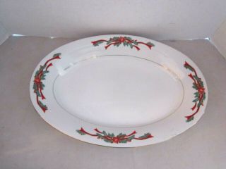 Tienshan Poinsettia And Ribbons Christmas Oval Serving Platter Plate Vintage