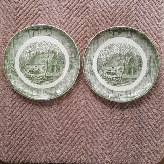 2 - Vintage Currier & Ives Green Scio Dinner Plate 9.  25 Old Grist Mill Ox Yoke