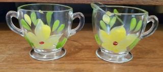 Vintage Clear Glass Sugar Bowl/creamer Set - Hand Painted Yellow Flower