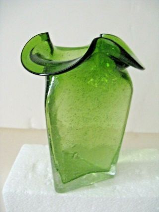 Hand Crafted Three Sided Green Bubble Glass Vase 5.  75 