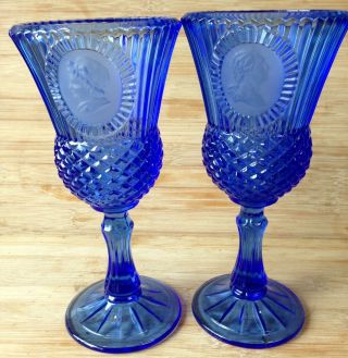 Vintage Avon Collectibles Martha & George Washington Blue Glass Goblets - Pair