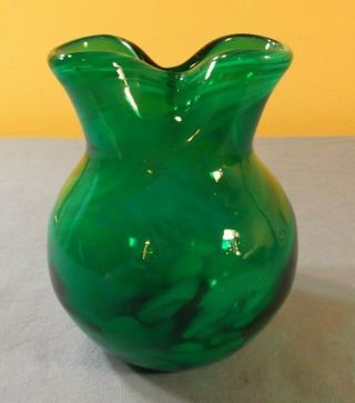 Vintage Hand Blown Shiny Emerald Green White Swirl Glass Vase W/pinched Top