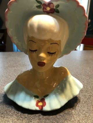 8” Unbranded Lady Head Vase Head Planter Bonnet,  Light Blue,  Closed Eyes