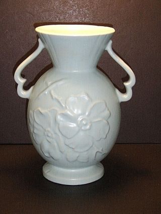 Rare Vintage Weller Wild Rose 9 - 1/2 " Solid Blue Double Handled Vase