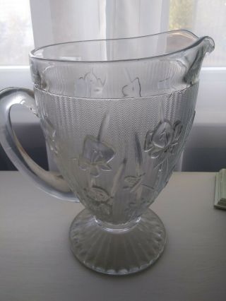 Vintage Depression Glass Jeanette Clear Iris & Herringbone Water Pitcher 9 " Tall