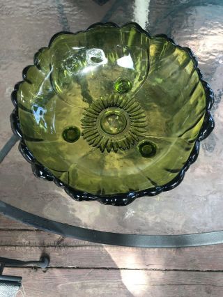 Vintage Green Glass Serving Bowl,  Footed,  Scalloped Edge,  Large