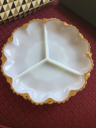 Vintage Anchor Hocking White Milk Glass Gold Leaf Divided Serving Plate Dish 2