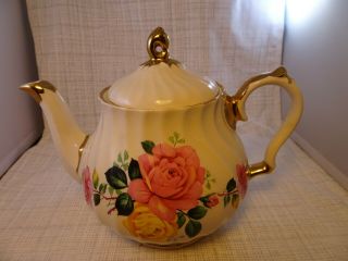 Vintage Sadler England China Tea Pot Pink/yellow Roses Gold Trim & Accents