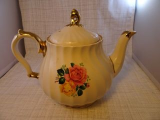 Vintage Sadler England China Tea Pot Pink/Yellow Roses Gold Trim & Accents 3