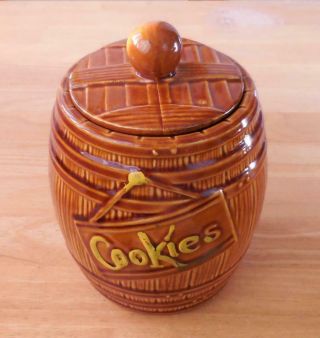 Mccoy Usa Vintage 8.  5 " Tall Brown Barrel Ceramic Cookie Jar With Cookies Sign
