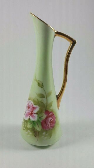 Vintage Lefton Green Heritage Bud Vase Pitcher Floral Sticker 5 - 3/4 "