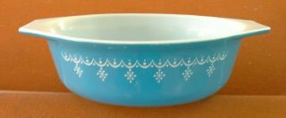 Vtg Pyrex Casserole Dish Snowflake Blue Garland 1 1/2 Qt Baking Corning Oval 043