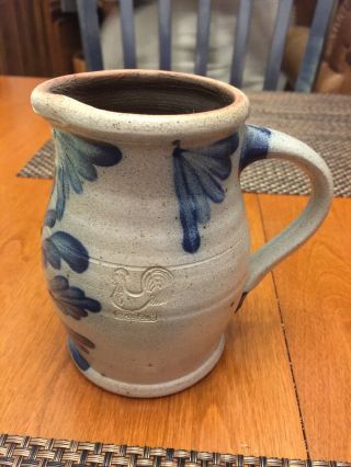 Rowe Pottery Small Pitcher Salt Glazed With Blue Flowers - Chicken On Side - 1990