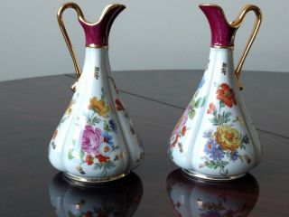 2 Small Vintage Jv Limoges France Hand Painted Porcelain Handled Vases / Pitcher