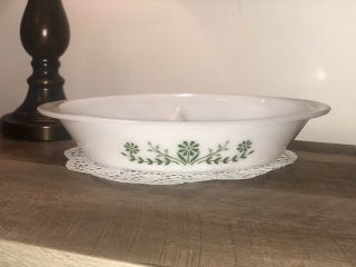 Vintage Glasbake Green Daisy J2352 Divided Oval Baking Serving Casserole Dish