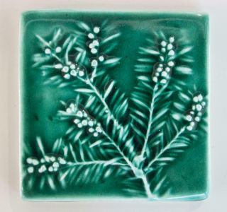 Hammond Bay Art Studio Pottery Handcrafted Tile Teal Green Pine Needle Berries