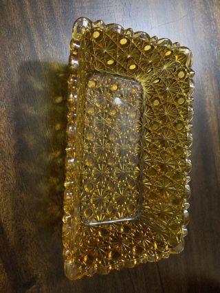 Vintage Unique Rectangular Bowl Pressed Glass Amber Sawtooth Candy Nut Dish