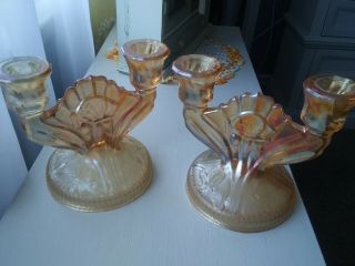 Vintage Jeanette Iris & Herringbone Carnival Glass Marigold Candle Holders Set 2