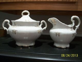 Vintage China From Pope Gosser - - Sugar Bowl W/lid And Creamer - - White & Gold