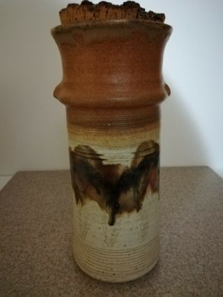Hand Made Pottery Jar With Cork Lid,  Shades Of Rust And Brown,  4 - 1/2 " W X 10 " H