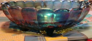 Large Indiana Blue Carnival Glass Footed Iridescent Harvest Grape Bowl Dish
