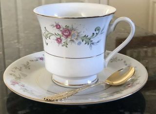 Lynns Fine China Tea Cup Set W/ Spoon Pink Yellow Floral Gold Trim Summerland