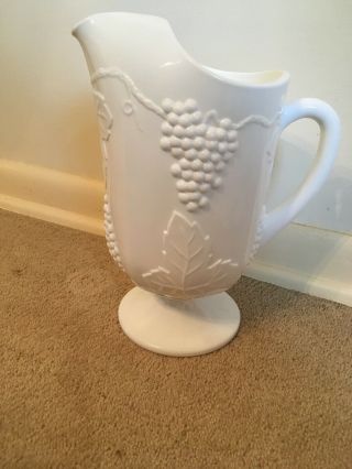 Vintage Footed Milk Glass Water Pitcher Grape And Leaf Pattern