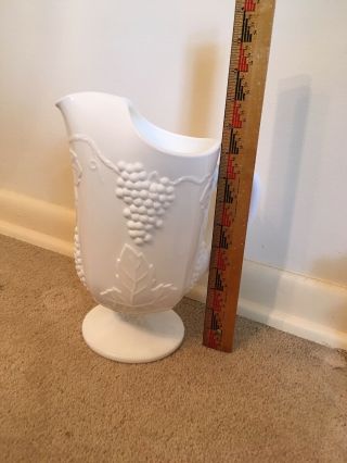VINTAGE FOOTED MILK GLASS WATER PITCHER GRAPE and Leaf PATTERN 2