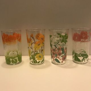 4 Vintage Swanky Swigs Peanut Glasses - Pink Green Yellow Flowers.  One Is Chipped