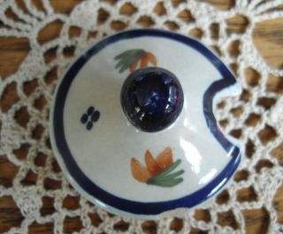 Vintage Hb Quimper France White & Blue Flowers Sugar Bowl Or Mustard Jar Lid