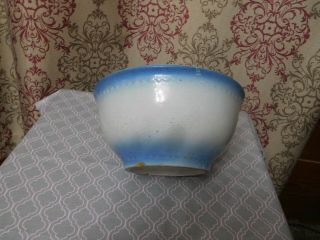 Antique Yellow Ware Bowl Pottery Crock White With Blue Trim