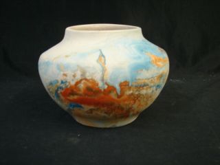 Vtg Nemadji Indian Signed Art Pottery Vase Blue Orange Abstract Swirl 4 X 5 Dia