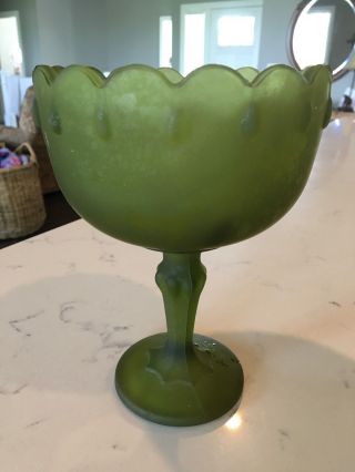 Vintage Frosted Green Glass Ruffled Edge Pedestal Base Candy Dish 7.  5 "
