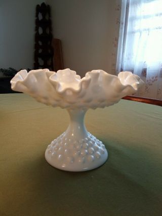 Fenton Hobnail Ruffled Edge Vintage Milk Glass Pedestal Compote Candy Dish 3