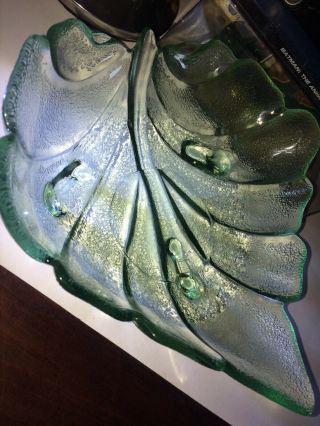 Lovely Vintage Green Glass Leaf Shaped Fruit Bowl / Dish
