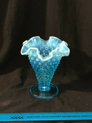 Vintage Fenton Glass Blue Opalescent Hobnail 5 1/2 " Ruffled Trumpet Vase