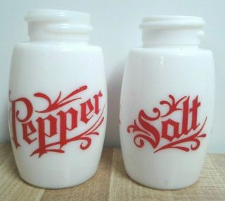 Vintage Gemco Salt & Pepper Shakers Milk Glass Old English Fancy Red Font