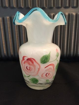 Fenton Style Art Glass Handpainted Blue Vase W/roses Made For Teleflora