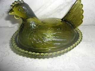 Vintage Indiana Glass - Greenr - Hen On A Nest - Chicken - Hobnail Rim - Candy Dish