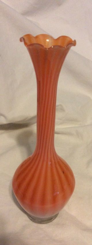 Vintage Art Glass Hand Blown Stretch Orange & White Striped Ruffled Bud Vase