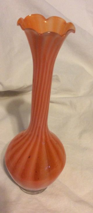 Vintage Art Glass Hand Blown Stretch Orange & White Striped Ruffled Bud Vase 2
