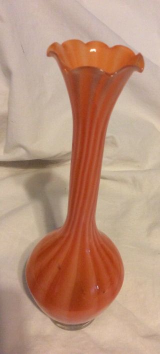 Vintage Art Glass Hand Blown Stretch Orange & White Striped Ruffled Bud Vase 3