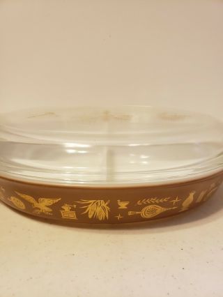 Vintage Pyrex Divided Covered Casserole Dish Brown & White