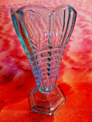 Davidson [ Chevron Design ] Art Deco Blue Pressed Glass Vase