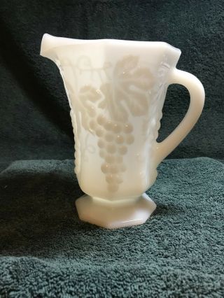 Vintage Milk Glass Water Pitcher With Handle Grapes And Leaves 6 3/4 " Tall