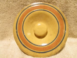 Vintage Yellow Ware Blue And Pink Banded Pantry Bowl Lid