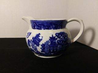 Antique Blue Willow Creamer Cream Pitcher 4 " Tall With Handle Flow Blue