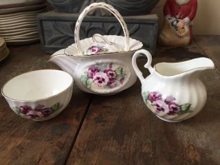Royal Patrician Staffordshire England Pansy Teapot,  Creamer And Sugar Bowl