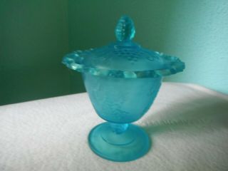 Vtg Frosted Blue Compote (candy Dish) With Lid