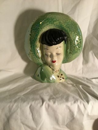 Opalescent Lustre Green W/gold Trim Porcelain Lady Head Bust Wall Pocket Planter